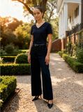 Blue Ribbed V-Neck Slim Fit T-Shirt  Women