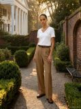 Beige Ribbed V-Neck Slim Fit T-Shirt  Women