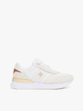 Beige Leather Textured Panel Metallic Trainers  Women