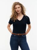 Blue Ribbed V-Neck Slim Fit T-Shirt  Women