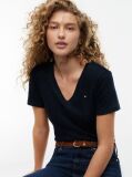 Blue Ribbed V-Neck Slim Fit T-Shirt  Women