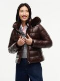 Brown Shiny Down Faux Fur Hooded Fitted Jacket  Women