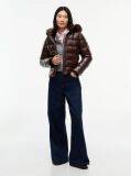 Brown Shiny Down Faux Fur Hooded Fitted Jacket  Women