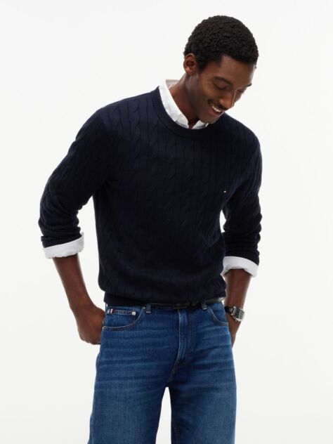 Blue Cable Knit Crew Neck Jumper  Men