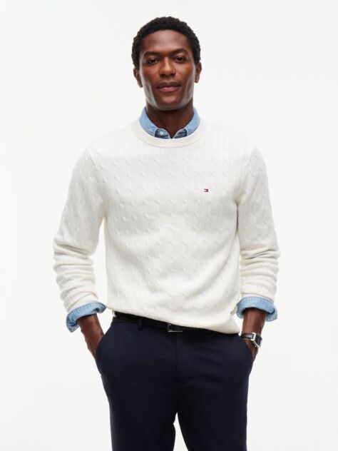 Beige Cable Knit Crew Neck Jumper  Men