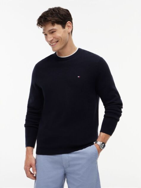 Blue Crew Neck Textured Knit Jumper  Men