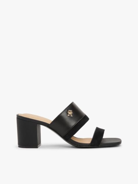 Black Leather Block Heel Mules  Women