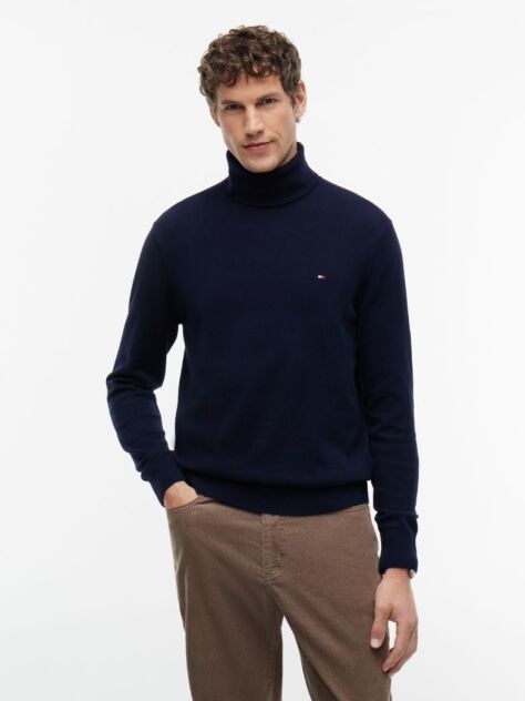 Blue Cotton Cashmere Roll Neck Jumper  Men