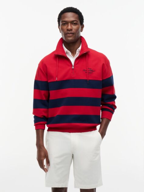 Red Stripe Mock Neck Quarter-Zip Sweatshirt  Men