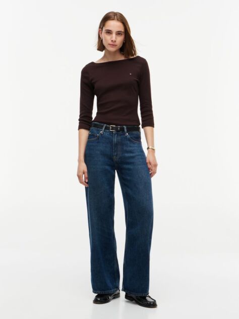 Brown Slim Boat Neck Three-Quarter Sleeve T-Shirt  Women