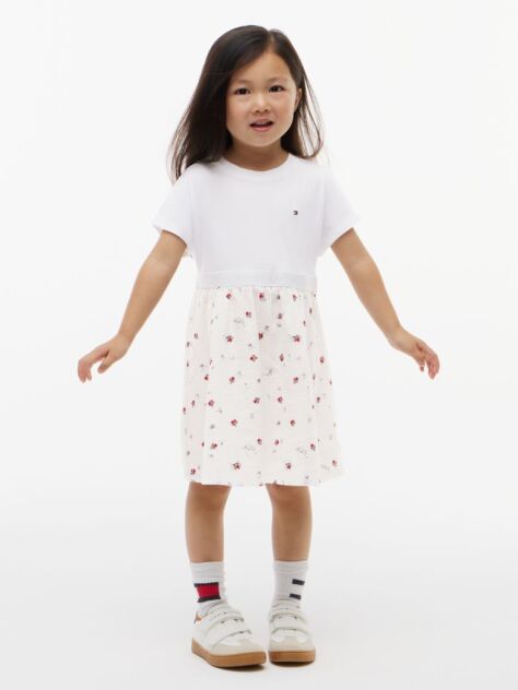 Beige Seersucker Print Fit And Flare Dress  Girls