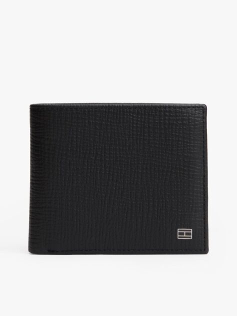 Black Hilfiger Flag Leather Card And Coin Bifold Wallet  Men