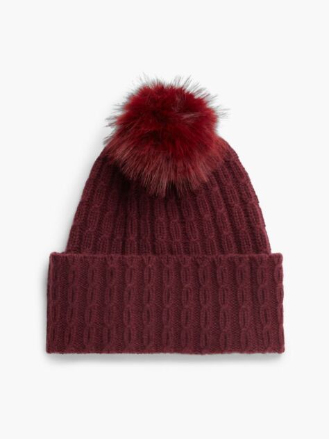 Red Pom Pom Beanie With Cashmere  Women