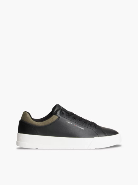 Black Mixed Texture Court Trainers With Leather  Men