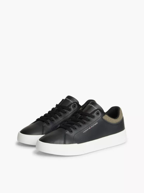 Black Mixed Texture Court Trainers With Leather  Men