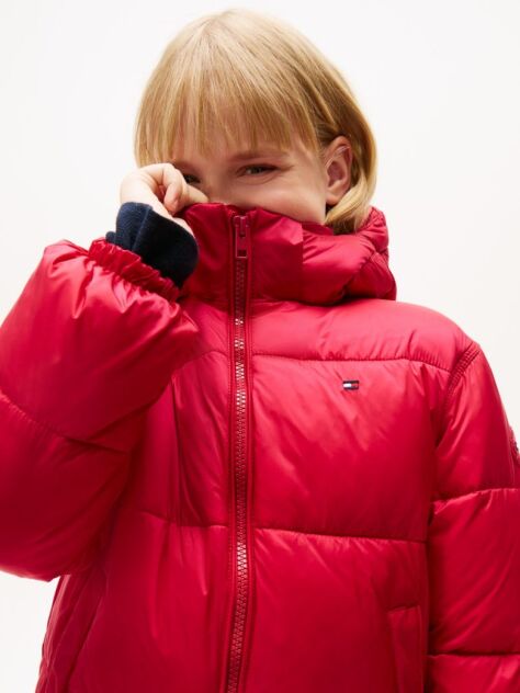 Red Shiny Relaxed Hooded Puffer Jacket  Girls