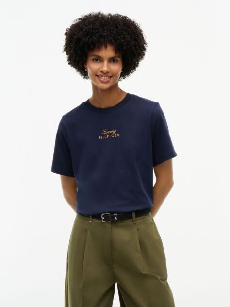 Blue Logo Embroidery Crew Neck T-Shirt  Women