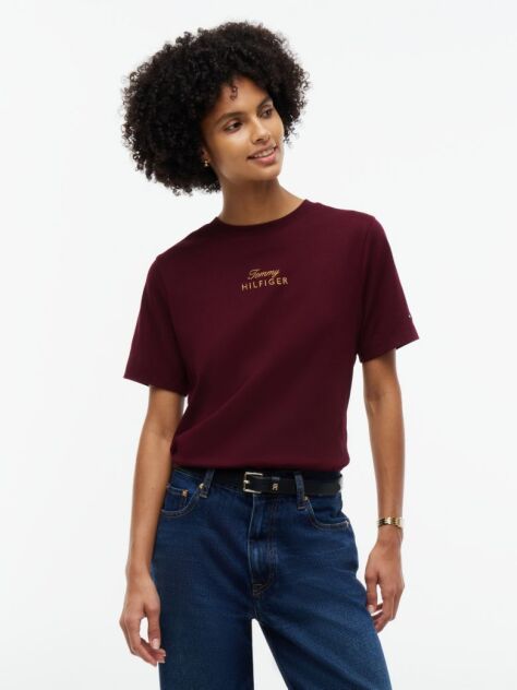 Red Logo Embroidery Crew Neck T-Shirt  Women