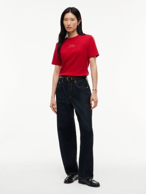 Red Logo Embroidery Crew Neck T-Shirt  Women