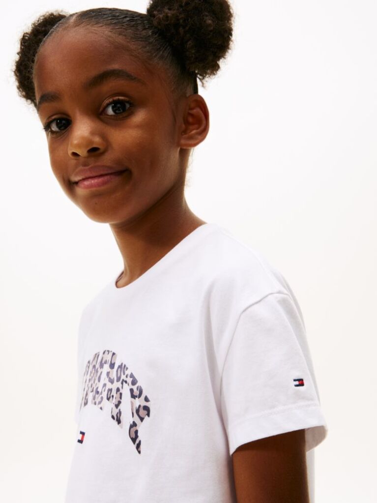 White Varsity Leopard Print Sateen Logo T-Shirt  Girls