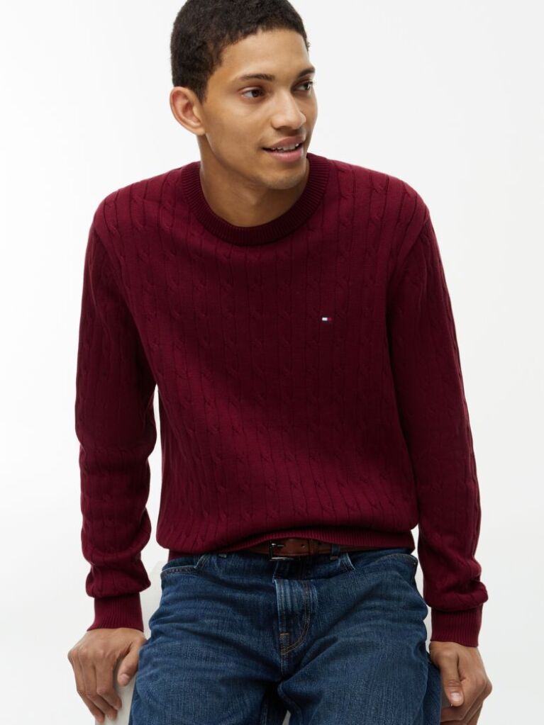 Red Cable Knit Crew Neck Jumper  Men
