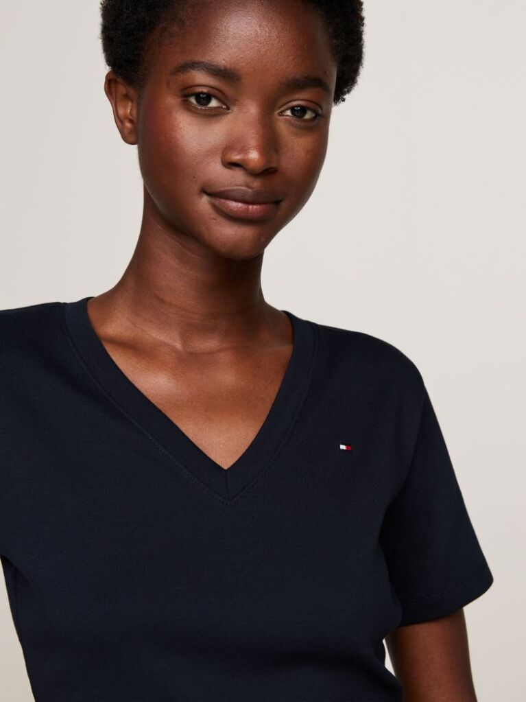 Blue Ribbed V-Neck Slim Fit T-Shirt  Women