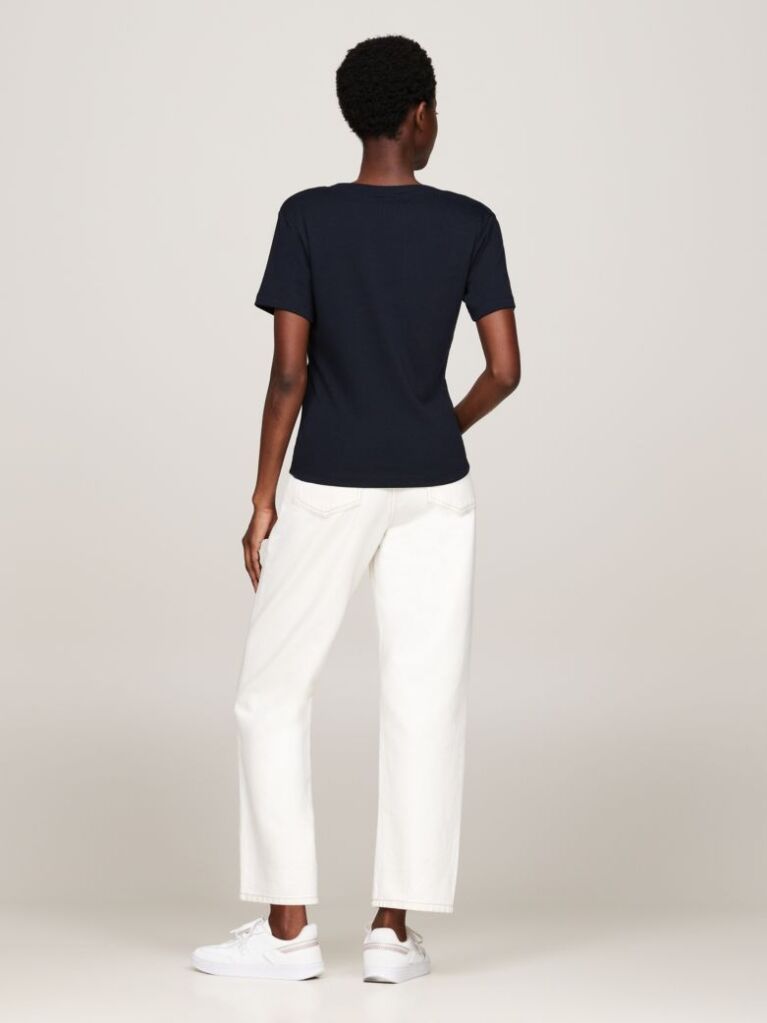 Blue Ribbed V-Neck Slim Fit T-Shirt  Women