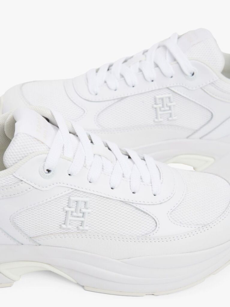 White Leather Mixed Texture Chunky Trainers  Women