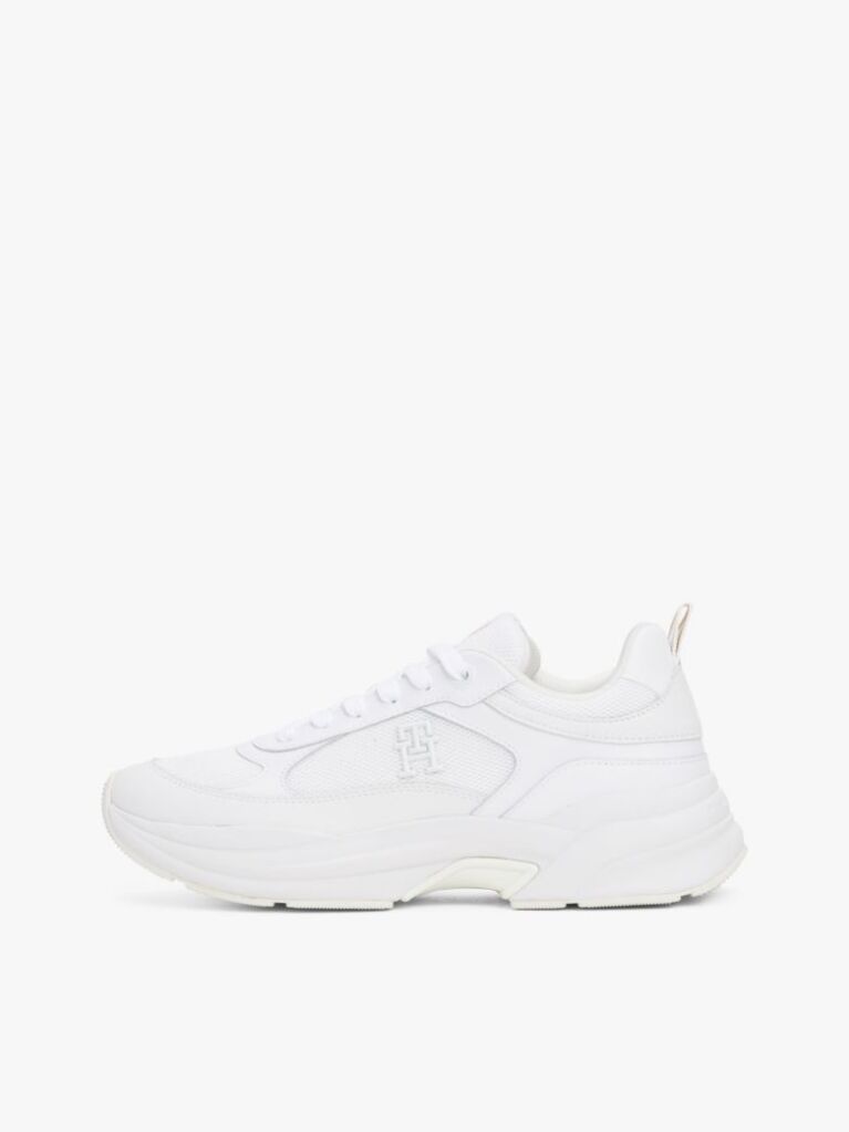 White Leather Mixed Texture Chunky Trainers  Women