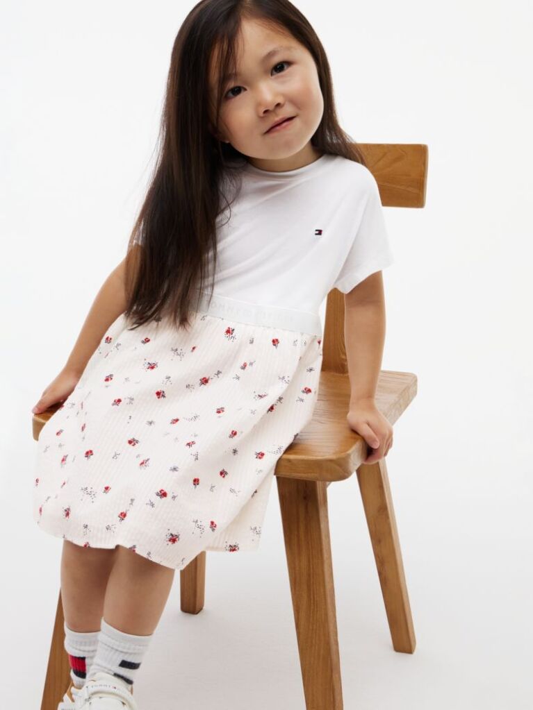 Beige Seersucker Print Fit And Flare Dress  Girls