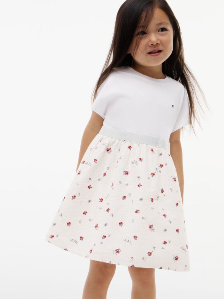 Beige Seersucker Print Fit And Flare Dress  Girls