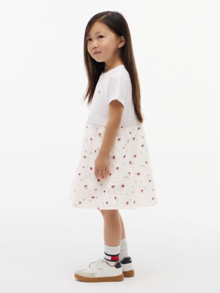 Beige Seersucker Print Fit And Flare Dress  Girls