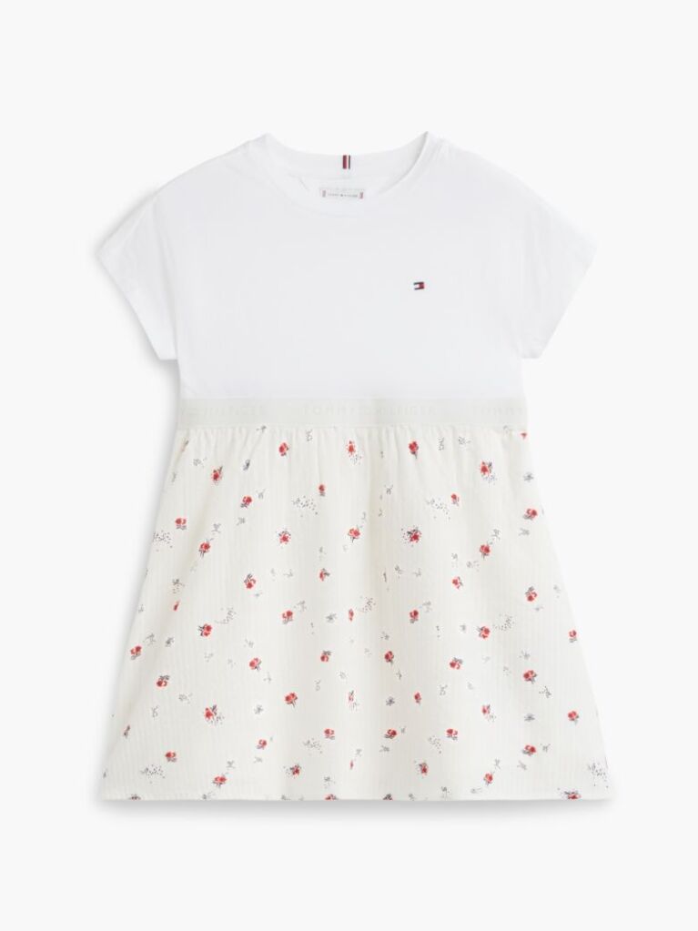 Beige Seersucker Print Fit And Flare Dress  Girls
