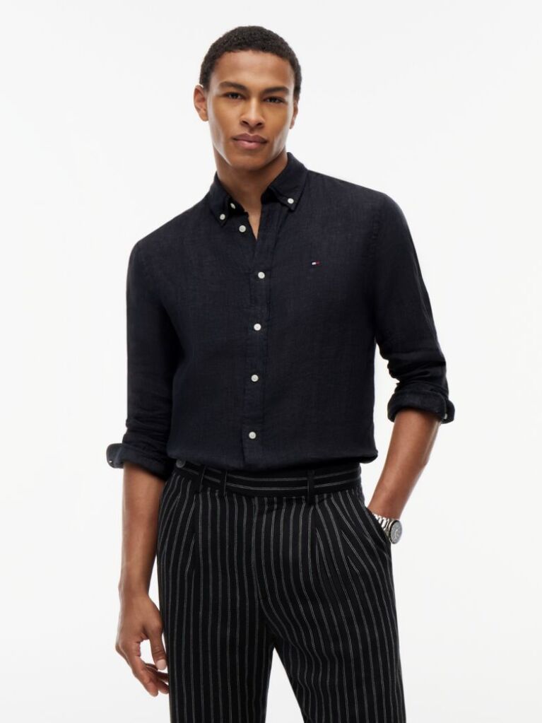 Black Regular Fit Washed Pure Linen Shirt  Men