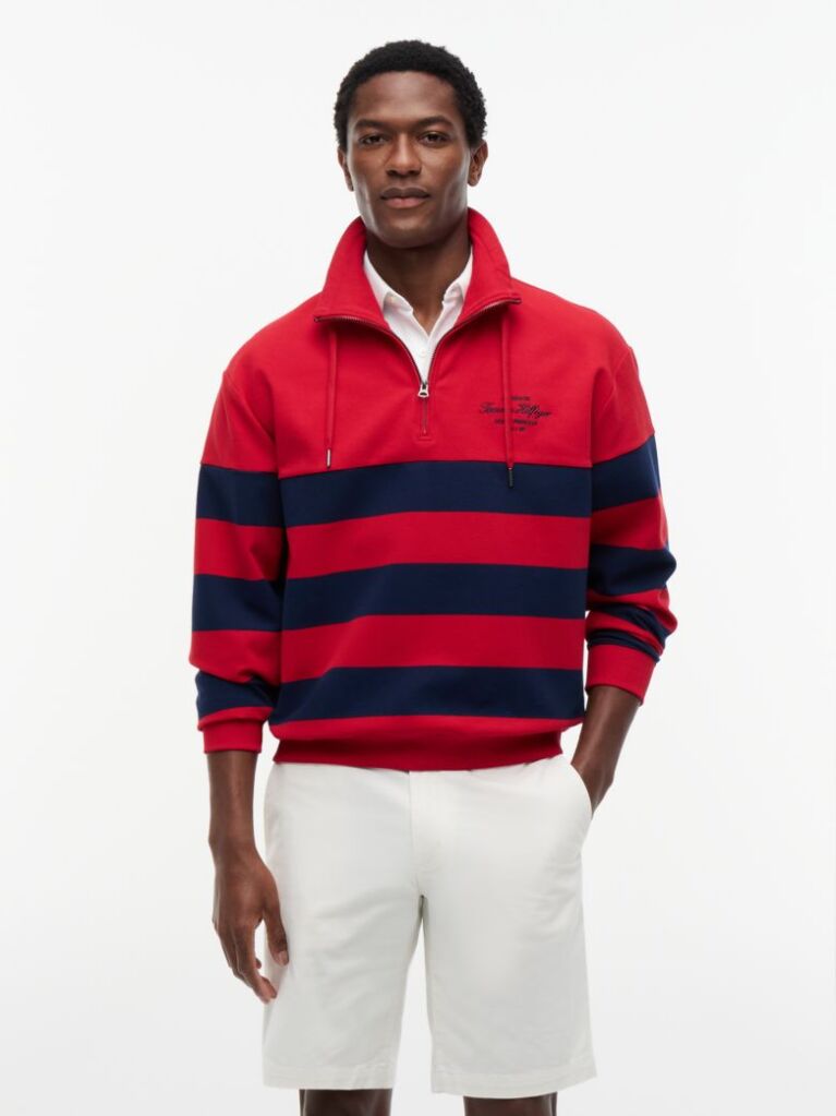 Red Stripe Mock Neck Quarter-Zip Sweatshirt  Men