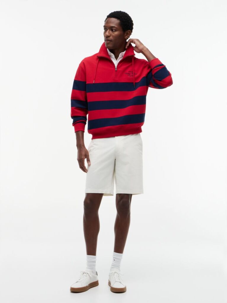 Red Stripe Mock Neck Quarter-Zip Sweatshirt  Men
