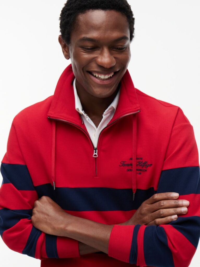 Red Stripe Mock Neck Quarter-Zip Sweatshirt  Men