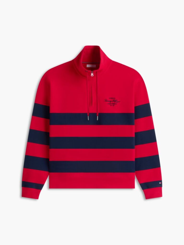 Red Stripe Mock Neck Quarter-Zip Sweatshirt  Men
