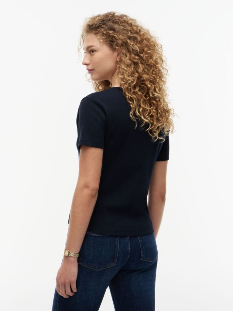 Blue Ribbed V-Neck Slim Fit T-Shirt  Women