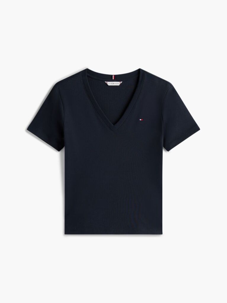 Blue Ribbed V-Neck Slim Fit T-Shirt  Women