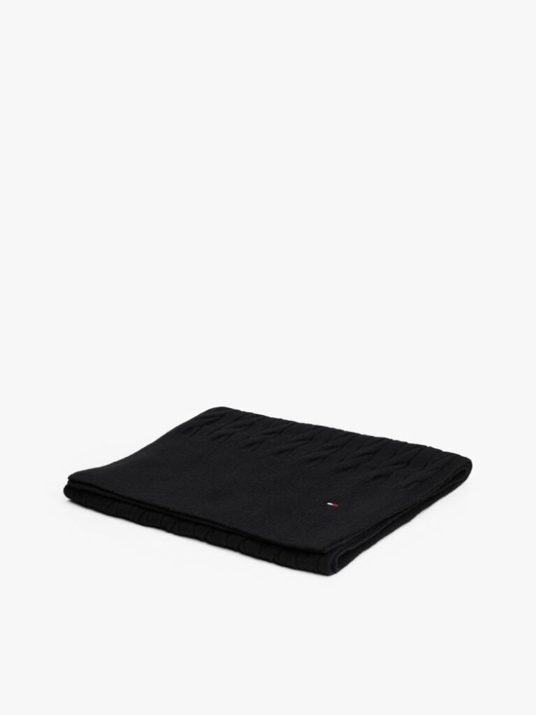 Black Hilfiger Flag Cable Knit Wool Blend Scarf  Men