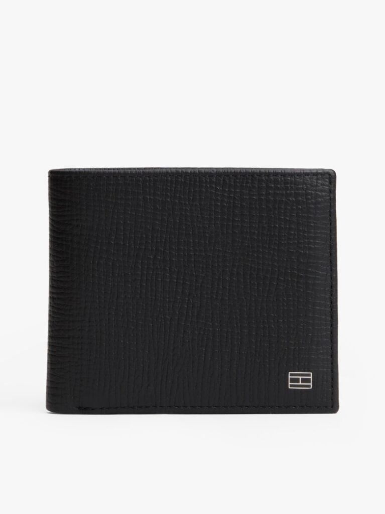 Black Hilfiger Flag Leather Card And Coin Bifold Wallet  Men
