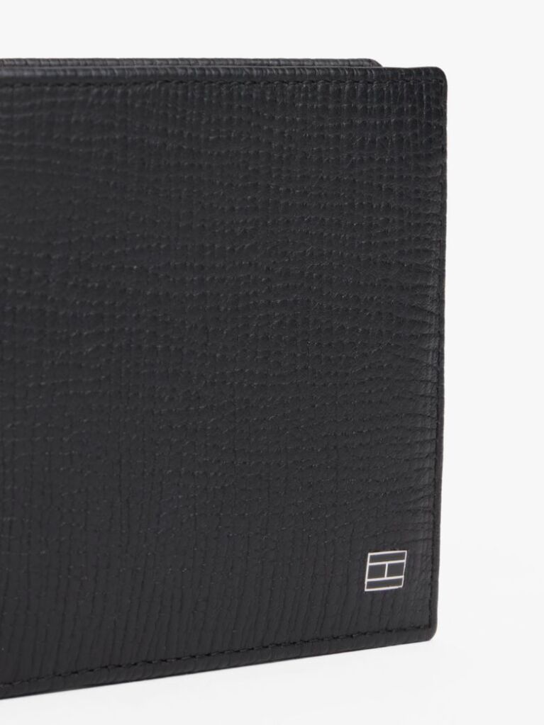 Black Hilfiger Flag Leather Card And Coin Bifold Wallet  Men