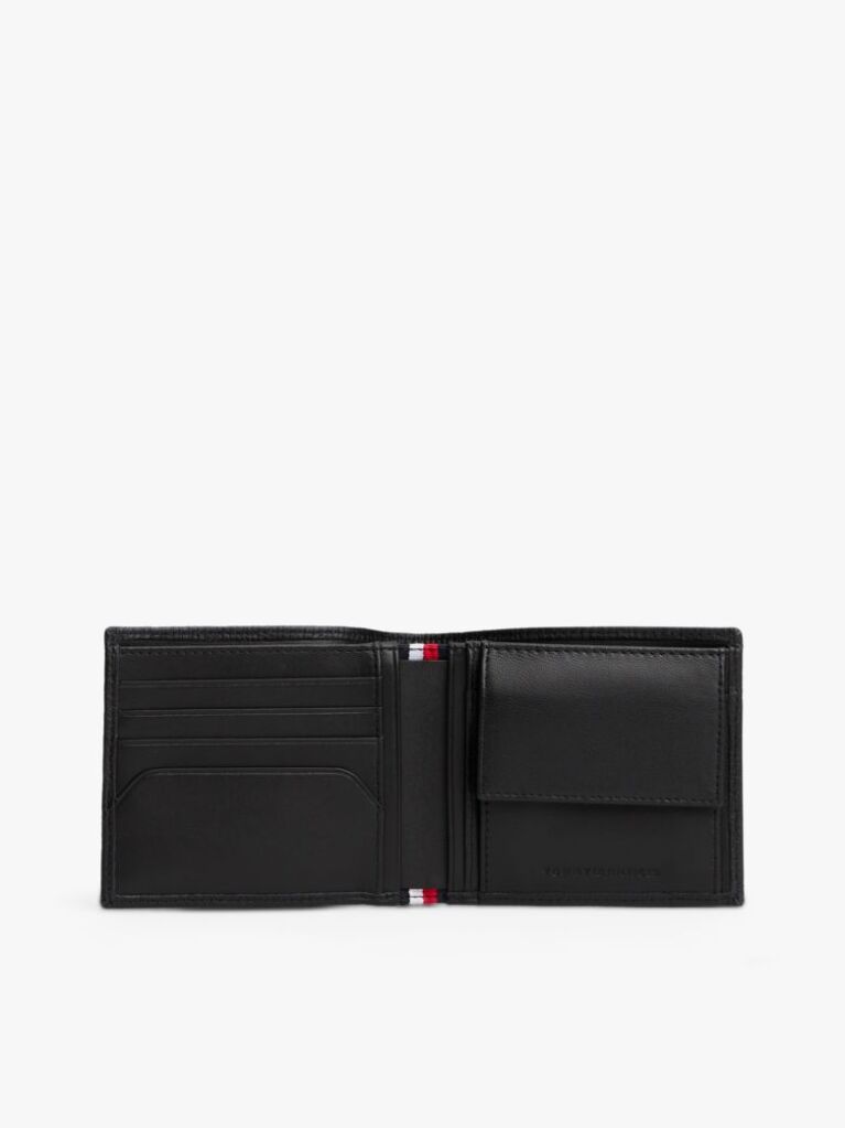 Black Hilfiger Flag Leather Card And Coin Bifold Wallet  Men