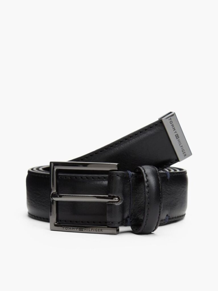 Black Metal Tip Pebble Grain Leather Belt  Men
