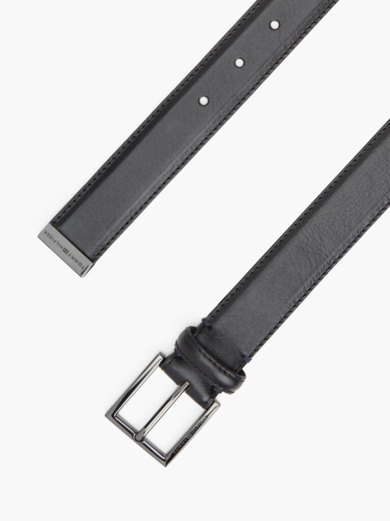 Black Metal Tip Pebble Grain Leather Belt  Men