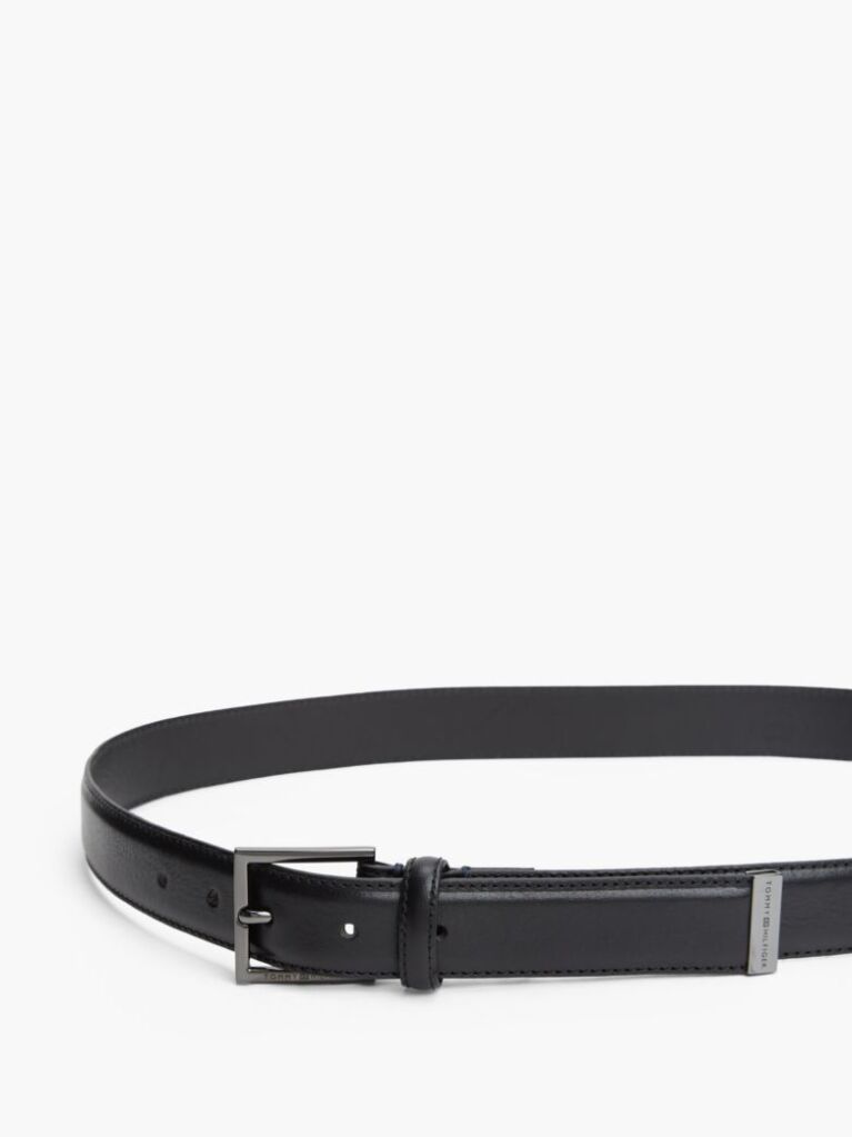 Black Metal Tip Pebble Grain Leather Belt  Men