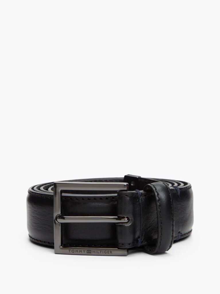 Black Metal Tip Pebble Grain Leather Belt  Men