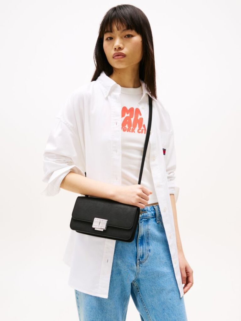 Black Logo Plaque Flap Crossbody Bag  Women