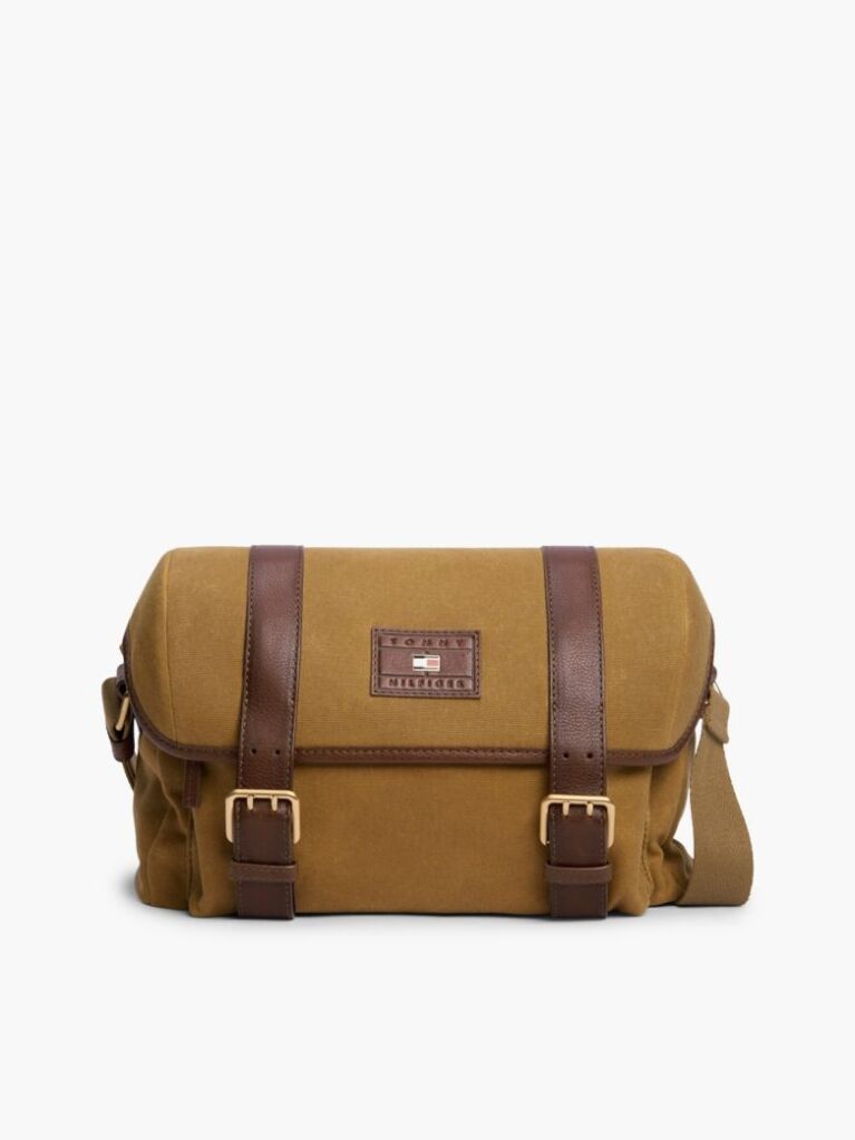 Brown Textile Buckle Flap Crossbody Messenger Bag  Men